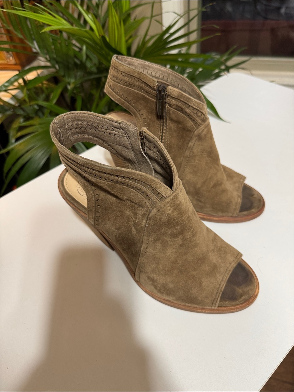 Vince Camuto Olive Suede Peep-Toe Slingback Heels